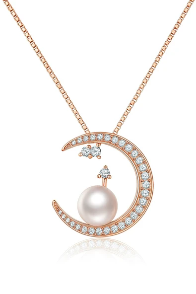925 Ayar Gümüş Üzeri 14 Ayar Rose Altın Kaplama İnci ve Taşlı Ay Figürlü Kadın Kolye ürün görseli 1