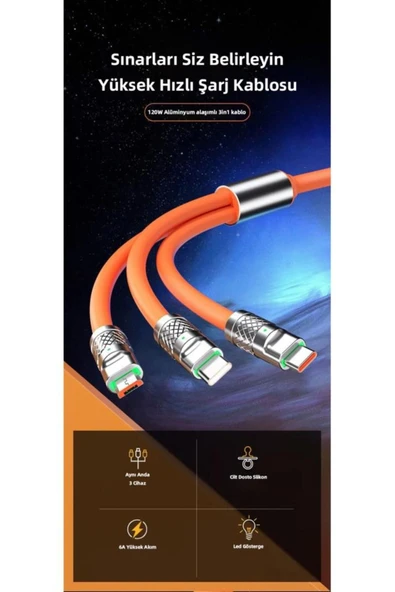 6A 120W 3 in 1 Usb to Type-C + Micro Usb + Lightning Hızlı Şarj Kablosu Silikon Kablo 1 Metre - Resim 6
