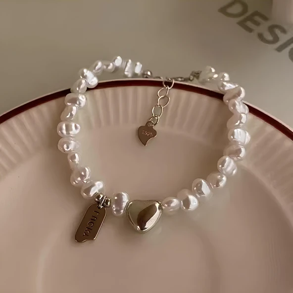 925 Ayar Gümüş Kalp Charmlı Doğal İnci Bileklik Kadın Takı Sevgiliye Hediyelik - Resim 2