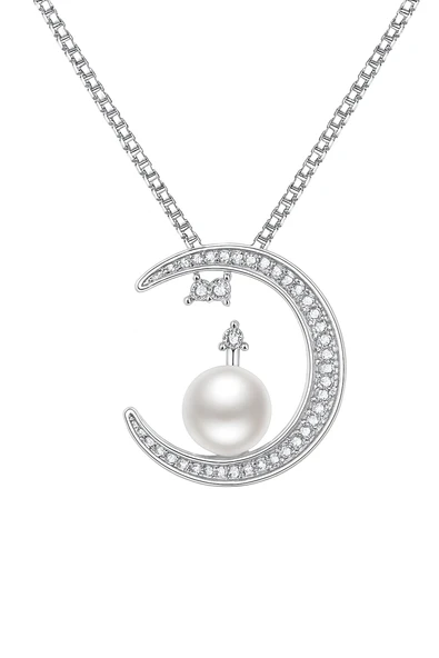 925 Ayar Gümüş Üzeri 14 Ayar Rose Altın Kaplama İnci ve Taşlı Ay Figürlü Kadın Kolye - Resim 2