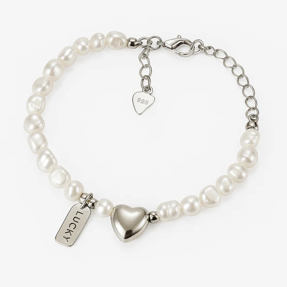 925 Ayar Gümüş Kalp Charmlı Doğal İnci Bileklik Kadın Takı Sevgiliye Hediyelik ürün görseli 1