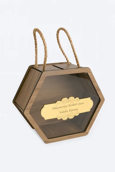 Ahşap Pleksi Camlı Altıgen Sadaka Kutusu – Lüks Tasarım Bağış ve Bahşiş Kumbarası - Resim 4