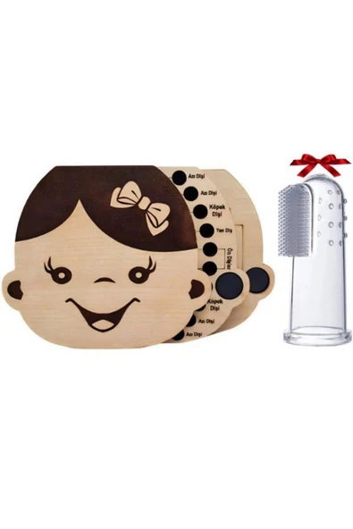 Kız Ahşap Bebek Yüzlü Diş Albümü Saklama Anı Kutusu Ve Parmak Dil Temizleyici Diş Kaşıyıcı Fırça ürün görseli 1