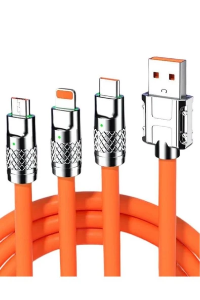 6A 120W 3 in 1 Usb to Type-C + Micro Usb + Lightning Hızlı Şarj Kablosu Silikon Kablo 1 Metre - Resim 2