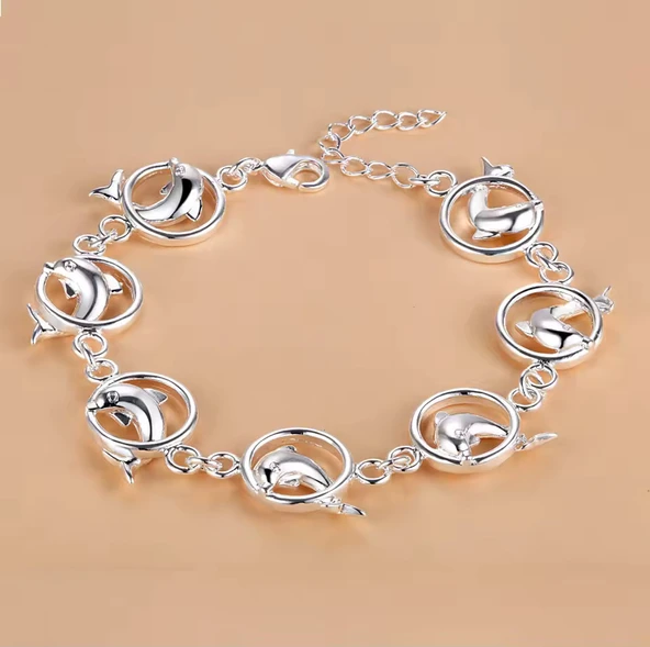 925 Ayar Gümüş Kadın Yunus Figürlü Bileklik – Zarif Hediyelik Takı - Resim 2