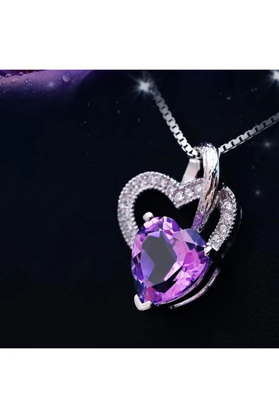 Çift Kalpli Ortası Taşlı Kolye - Resim 2