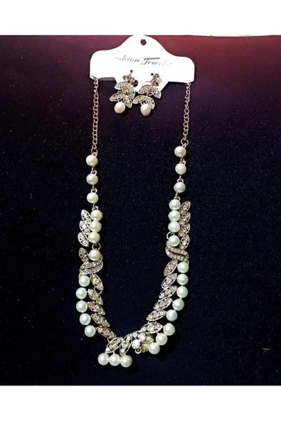 14K Altın Kaplama Nişan Kına Düğün İnci ve Zirkon Taşlı Kolye Küpe Kadın Takı Seti Hediyelik - Resim 2