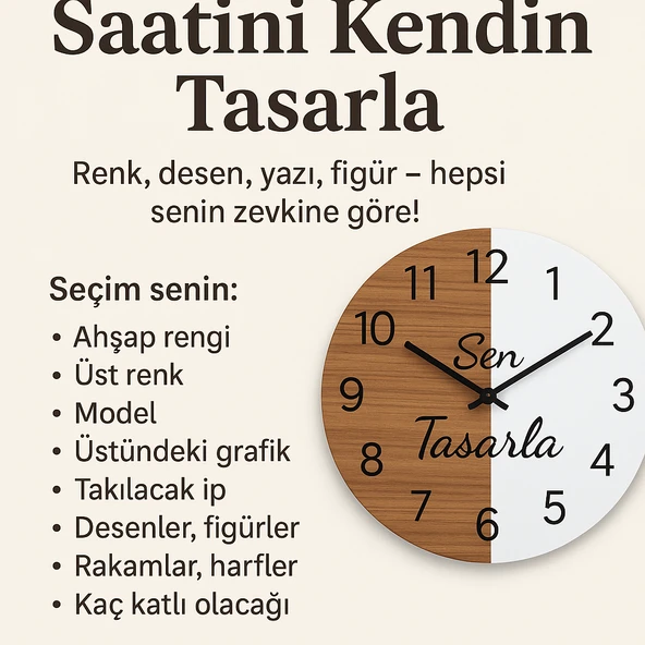 Kişiye Özel Ahşap Duvar Saati – Saatini Kendin Tasarla | İsimli, Desenli, Renkli, Pleksi Seçenekli ürün görseli 1