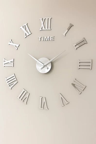 3D Roma Rakamlı Duvar Saati Gümüş Aynalı Pleksi Silent Akrep Yelkovan Modern Dekoratif ürün görseli 1