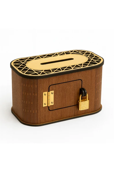 Kilitli Ahşap Bahşiş Kutusu Tip Box Aynalı Gold Pleksi Kaplamalı Dekoratif Kumbara - Resim 4