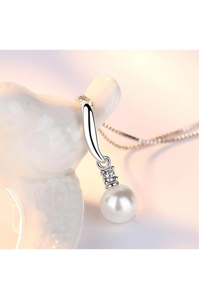 925 Ayar Inci Taşlı Gümüş Kadın Kolye Hediyelik - Resim 5