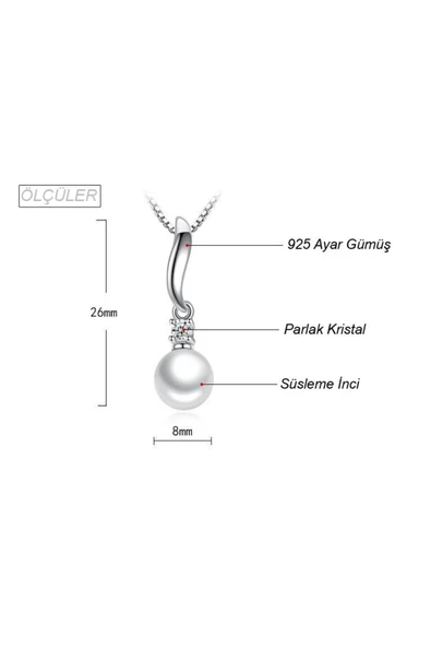 925 Ayar Inci Taşlı Gümüş Kadın Kolye Hediyelik - Resim 3