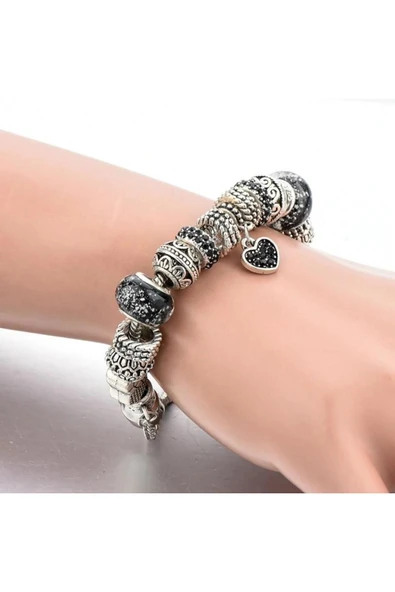 Avusturya Kristali Siyah Kalp Charm Bileklik - Resim 6