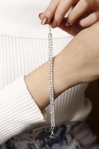 925 Ayar Gümüş Kadın Su Yolu Bileklik 2 Sıra Zirkon Taşlı Şık ve Zarif Tasarım - Resim 2