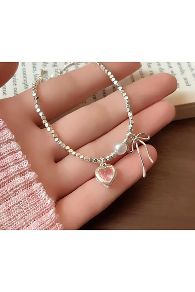 925 Ayar Gümüş Kadın Bileklik Fiyonk Figürlü İnci ve Kalp Taşlı Zarif Tasarım - Resim 2