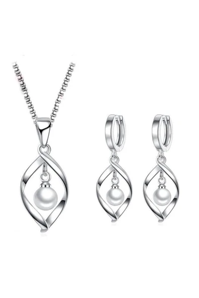 925 Ayar Gümüş Inci Taşlı Özel Tasarım Gümüş Kolye Ve Küpe Seti - Resim 4