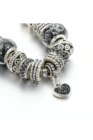 Avusturya Kristali Siyah Kalp Charm Bileklik - Resim 5