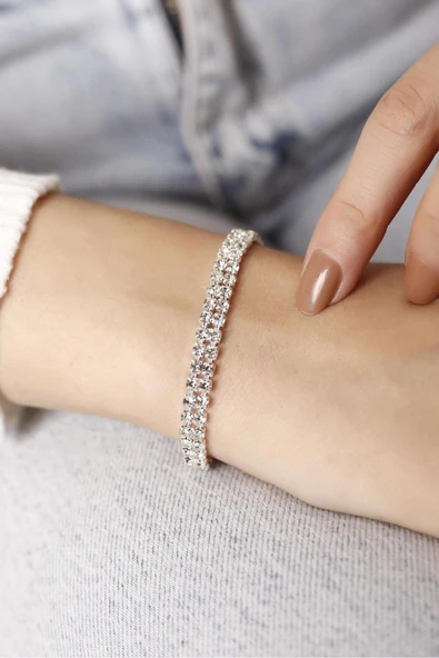 925 Ayar Gümüş Kadın Su Yolu Bileklik 2 Sıra Zirkon Taşlı Şık ve Zarif Tasarım ürün görseli 1
