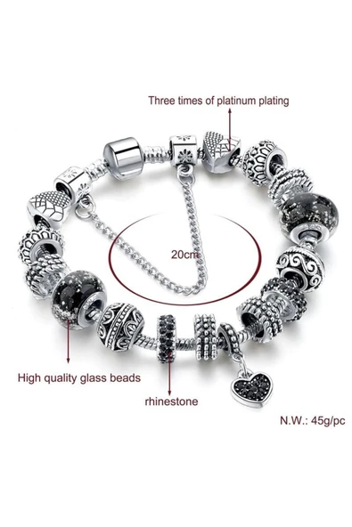 Avusturya Kristali Siyah Kalp Charm Bileklik - Resim 4