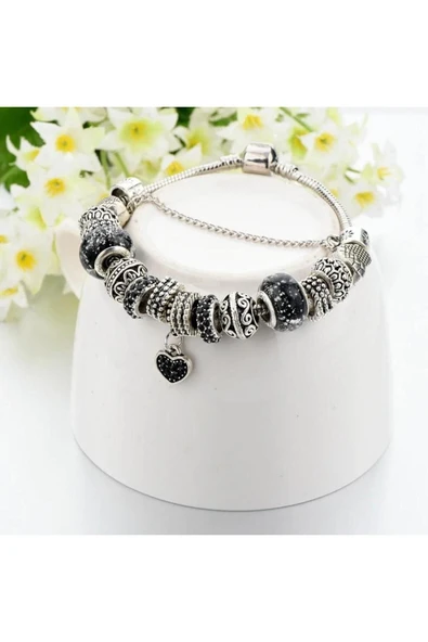 Avusturya Kristali Siyah Kalp Charm Bileklik - Resim 2