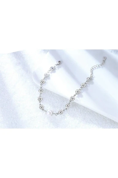 925 Ayar Ayarlanabilir Çiçek Tek İnci Tasarım Kadın Gümüş Bileklik - Resim 2