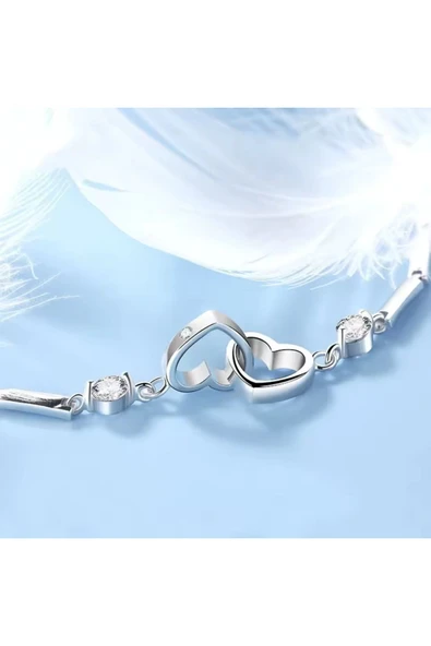 925 Ayar Gümüş Boyu Ayarlanabilir Kübik Zirkon Taşlı Çift Kalp Bileklik Sevgililer Günü Hediyelik - Resim 9