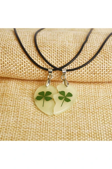 Sevgililer Için Karanlıkta Parlayan Fosforlu Yonca Kalp Kolye Sevgililer Günü Hediyesi - Resim 2