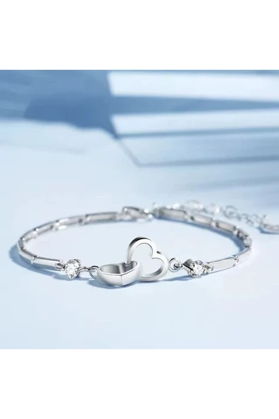 925 Ayar Gümüş Boyu Ayarlanabilir Kübik Zirkon Taşlı Çift Kalp Bileklik Sevgililer Günü Hediyelik - Resim 6