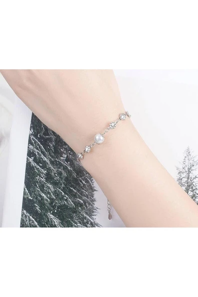 925 Ayar Ayarlanabilir Çiçek Tek İnci Tasarım Kadın Gümüş Bileklik - Resim 3