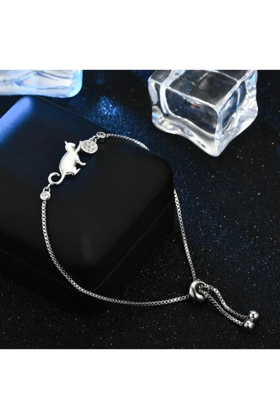 925 Ayar Asansörlü Boyu Ayarlanabilir Kedi Figürlü Taşlı Gümüş Bileklik - Resim 6