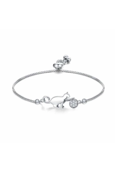 925 Ayar Asansörlü Boyu Ayarlanabilir Kedi Figürlü Taşlı Gümüş Bileklik ürün görseli 1