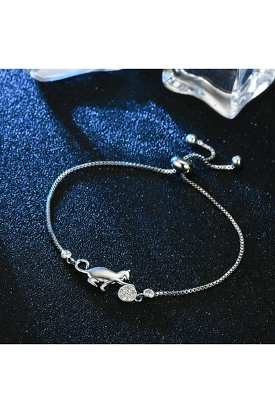 925 Ayar Asansörlü Boyu Ayarlanabilir Kedi Figürlü Taşlı Gümüş Bileklik - Resim 2