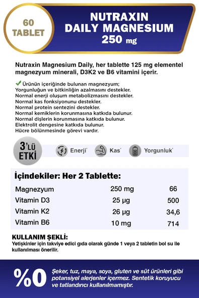 Nutraxin Magnezyum Daily Energy 250 Mg 60 Tablet - Magnesium, D3, K2, B6 - Resim 2