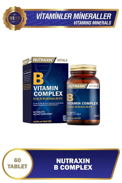 Nutraxin B Complex Vitamin 60 Tablet - B1, B2, B3, B5, B6, B12, Folik Asit, Biotin, Kolin, İnositol ürün görseli 1