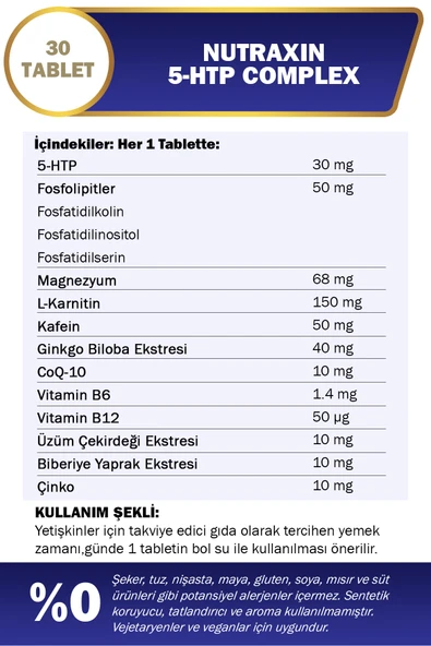 Nutraxin 5-HTP Complex 30 Tablet–Serotonin Desteği, B6 & B12 Vitaminli, Ginkgo Biloba ve Koenzim Q10 İçerikli - Resim 3