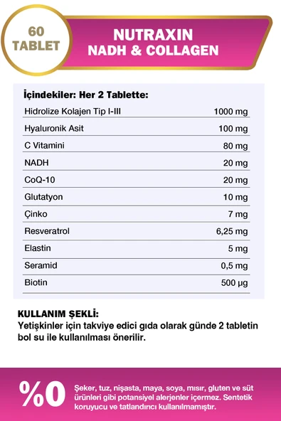 Nutraxin Nadh Collagen 60 Tablet Tip1 Tip3 Hyaluronik Asit, Elastin, Seramid, Resveratrol Glutatyon - Resim 4