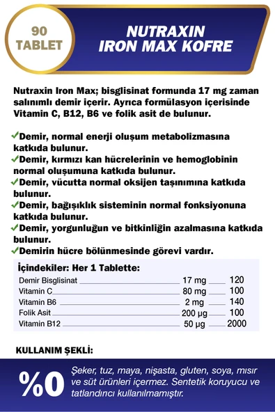 Nutraxin Iron Max 17 Mg 90 Tablet Avantajlı Paket - Gentle Iron, Vitamin C, B12, B6, 3 Aylık Kullanım - Resim 3