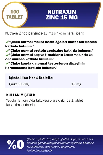 Nutraxin Zinc Sulphate 15 mg | Çinko Takviyesi | 100 Tablet | Bağışıklık ve Hücre Sağlığı İçin - Resim 2