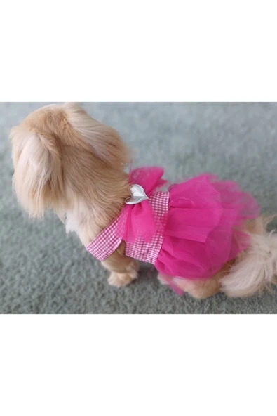 Gobo Pembe Kareli Kalpli Tüllü Kedi Köpek Kıyafeti Elbisesi Medium/M/Beden 2 - Resim 2