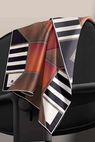 %100 Twill İpek Geometrik Desenli Taba - Vizon Renkli 90x90 Eşarp Dikim Şekli : El Dikişi - Resim 4