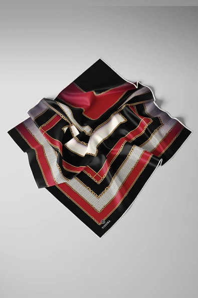 %100 Twill İpek Zincir Detaylı Geometrik Desenli Bordo - Siyah Renkli 90x90 Eşarp Dikim Şekli : El Dikişi - Resim 3