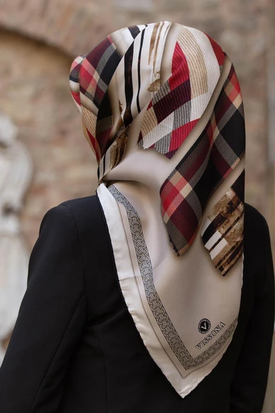 %100 Twill İpek Ekose Desenli Bej - Kırmızı Renkli 90x90 Eşarp Dikim Şekli : El Dikişi ürün görseli 1