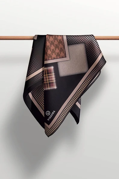 %100 Twill İpek Kazakayaklı Ve Ekose Desenli Siyah - Taba Renkli 90x90 Eşarp Dikim Şekli : El Dikişi - Resim 4