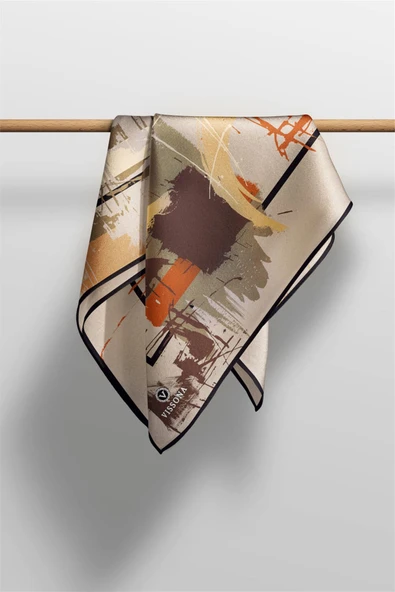 %57 İPEK %43 VİSKON Twill İpek Geometrik Desenli Bej - Taba Renkli 90x90 Eşarp Dikim Şekli : El Dikişi - Resim 5