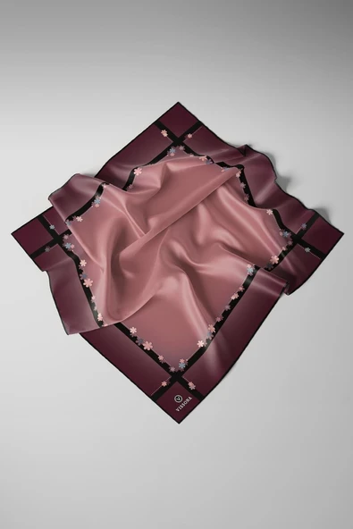 %100 Twill İpek Kenar Motifi Çiçek Desenli Gül Kurusu - Siyah Renkli 90x90 Eşarp Dikim Şekli : El Dikişi - Resim 6