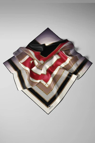 %100 Twill İpek Zincir Detaylı Geometrik Desenli Bordo - Bej Renkli 90x90 Eşarp Dikim Şekli : El Dikişi - Resim 3