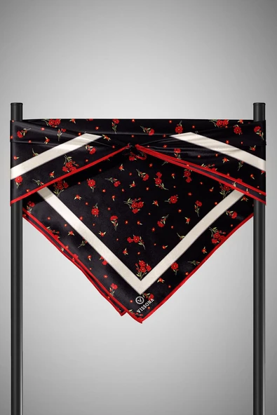 100% Twill İpek Bordürlü Çıtır Çiçek Desenli Siyah - Kırmızı Renkli 90x90 Dikim Şekli : El Dikişi Eşarp - Resim 9
