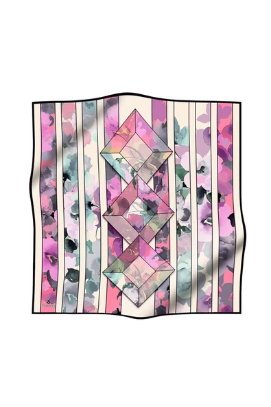 %100 Twill İpek Bahar Çiçekleri Desenli Lila - Su Yeşili Renkli 90x90 Eşarp Kenar Dikiş Şekli El Dikişli - Resim 2