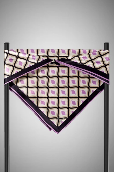 %100 Twill İpek Etnik Desenli Lila Renkli 90x90 Eşarp Dikim Şekli : El Dikişi - Resim 2