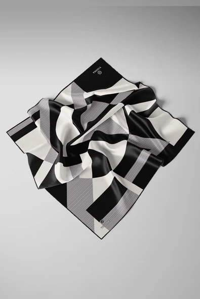%100 Twill İpek Geometrik Çizgi Desenli Siyah - Krem Renkli 90x90 Eşarp Kenar Dikiş Şekli El Dikişli - Resim 3